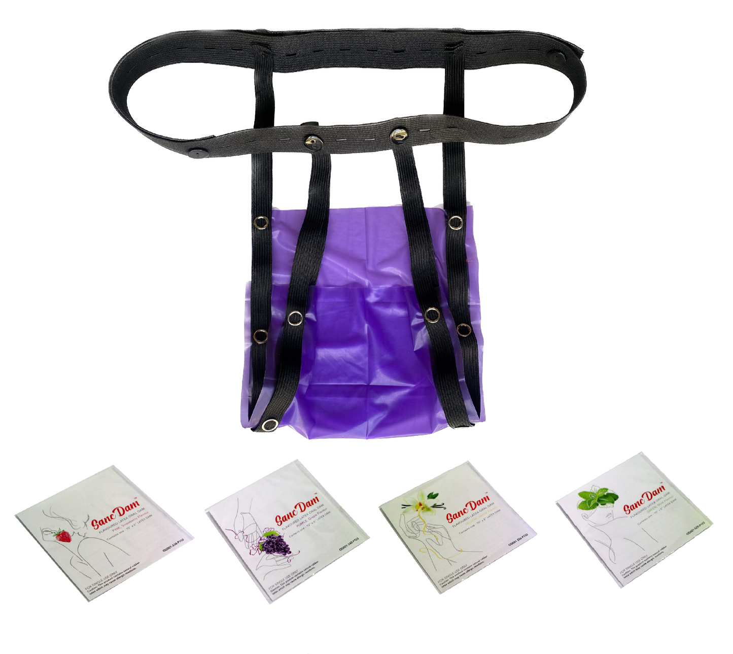 4 Packs Flavors SancDam Latex Ultra-Thin 0.07mm Oral Sex Dam Strawberry, Vanilla, Mint, Grape With Strap Elastic Belt